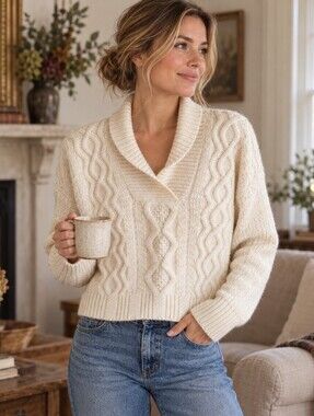 Theory Cream Cable Knit Alpaca Silk Shawl Collar Sweater Size S